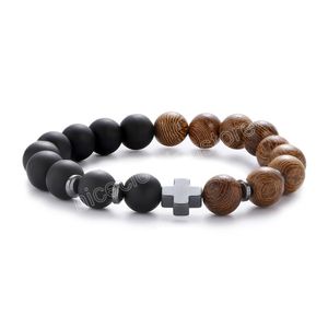 Trendy Jesus Kreuz Charme Männer Armband 10 MM Natürliche Holz Perlen Armbänder Armreifen Für Frauen Yoga Schmuck