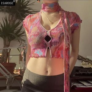 Women's T-Shirt Women Fashion Tees Breathable Pullover Printed Stretch V Neck Short Sleeve Hollow Slim Sexy Crop Tops With ScarfWomen's