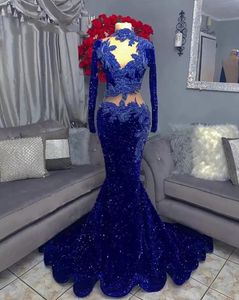 Königsblaue Ballkleider 2022, schwarze Mädchen-Pailletten, durchsichtig, langärmelig, afrikanisches formelles Abend-Verlobungs-Mermiad-Partykleid PRO232