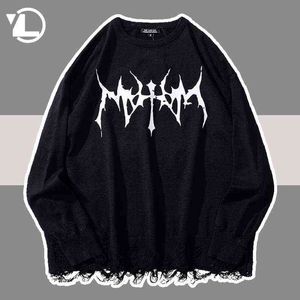 Mens Hip Hop Hole Black Sweater Retro Streetwear Harajuku Letters Sweater Knitted Sweater Winter Cotton Loose Pullover Unisex T220730