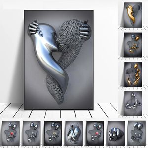 Metal Figure Statue Romantic Wall Art Abstract Canvas Painting Lovers Sculpture Posters Prints Pictures Living Room Home Decor