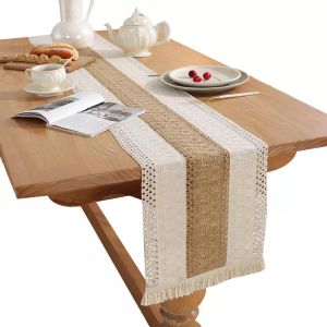 Bordslöpare med Tassel Natural Burlap Boho för höstbröllopsfest Picknick hem Kök matbordsdekor