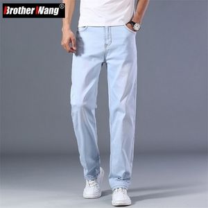 Plus Size 40 42 44 Men's Light Blue Jeans Spring and Summer Loose Straight Advanced Stretch Thin Denim Pants Male Brand Clothes 220328