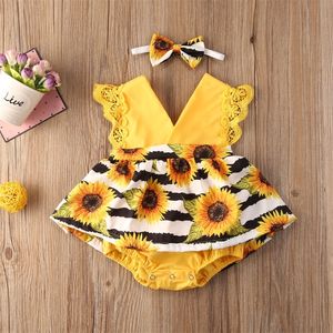 vestiti per bambina nati pizzo volant stampa girasole pagliaccetto fascia 2 pezzi abiti estivi senza maniche prendisole per 024 mesi 220707