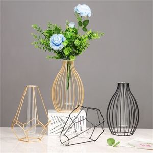 Simple Wrought Iron Hollow Glass Test Tube Hydroponic Vase Creative Home Living Room Bar Counter Wine Cabinet Decoration 220628