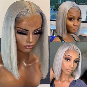 Lace Wigs Gray Bob Wig Human Hair 13x4 Frontal Free Part Front Pre Plucked With Baby 180% Density Tobi22