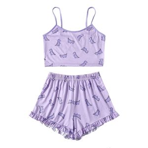 Summer Women Pajama Set Cute Drukowane Wzór Piżamy Szelki Sexy Night Homewear Topy Bez Rękawów i szorty 2-częściowy zestaw 220421