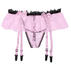 Women's Panties Gay Men Hollow Out Lace Skirted G-String Thongs Sexy Elastic Waist Crotchless Briefs T-Back Garter Belts Sissy UnderwearWome
