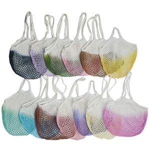 Shoppingväskor handväska tie dye shopper tote mesh net vävd bomullspåse långt handtag återanvändbar frukt förvaring väska hem grönsaker arrangör