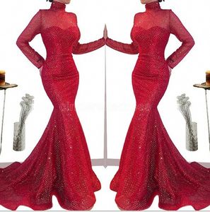 2022 Red Lace Mermaid Evening Dresses Saudi Arabic Africa High Neck Sheer Long Sleeves Evening Gowns Long Sequined Prom Dress BC5547 F0321