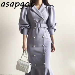 French Notched Pearl Double Breasted Temperament Elegant Dress Long Slim Warp Hip Empire Full Puff Sleeve Mermaid Dress Bandage 210320