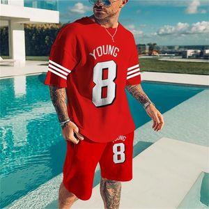 Summer Men's Suits Overdimensionerade T -shirt Set Sport -stil rött basketnummer Skriv ut två stycken manliga kläder Kort ärmshorts 220726