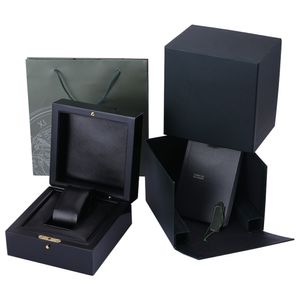 Svart lyxigt trävarumärke Klocka Packaging Presentlåda Set med Booklet Card Taggar och papper Män armbandsurväskor