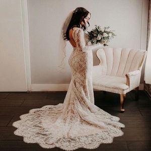 Elegante abito da sposa in pizzo pieno a sirena Boho manica lunga senza schienale Abiti da sposa estivi da spiaggia 2022 Scollo a V Abiti da sposa bohémien Robe De Mari￩e vestido novia