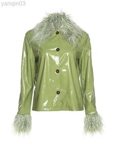 OneBling Breasted Traf Coats Single Glossy Casual Woman Tops Patchwork Faux Leather Fluffy 2022 Spring Za Long Jacket Sleeve PU L220801