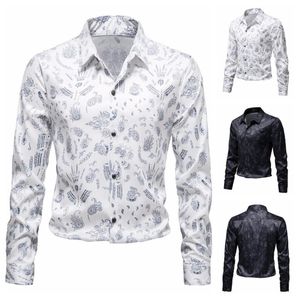 Camisas casuais masculinas Bodys pretas Manga curta Men's Fall Inverno solto Camisa superior Camisa de algodão estampado Lapel Long Tee Setmen's