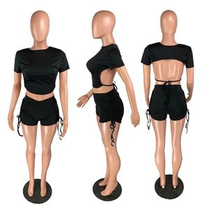Nowe hurtowe kobiety Sportswear Summer Solid Tracksuits krótkie rękawe T -Backless Thirt Shirring Shirring Dwukierunkowe zestaw swobodnych strojów do joggingu na świeżym powietrzu 7291