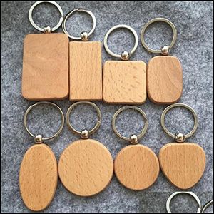Nyckelringar mode tillbeh￶r DIY tomt tr￤ Keychain Rec Square Round Heart Shaped Oval Wood Key Chain Ring Busines DHDZR