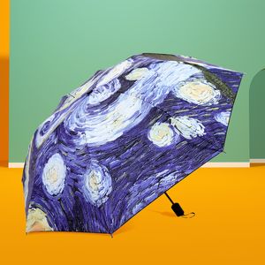Manuel Şemsiye 8 Kaburga Üç Katlanır Şemsiye Van Gogh Yağlı Boya Yıldızlı Gece Kadınlar Rüzgar Geçirmez HH22-259