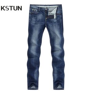 KSTUN Men Jeans Famous Brand Slim Straight Business Casual Dark Blue Thin Elasticity Cotton Denim Pants Trousers pantalon T200614