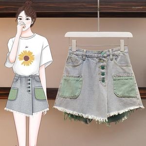 Kvinnors jeans sommarkvinna shorts mode korta byxor block färgfickor lapptäcke oregelbundna split denim lös kvinnlig kjol W220322