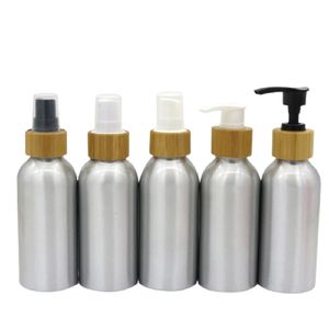 Confezione cosmetica da 120 ml Bottiglia riutilizzabile in alluminio Coperchio ad anello in legno di bambù PP Pompa per lozione spray Contenitore per gel shampoo in metallo vuoto