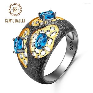 Anelli a grappolo GEM'S BALLET Fatto a mano in argento sterling 925 con topazio blu naturale di Londra per le donne Anello stile persistenza della memoria Edwi22