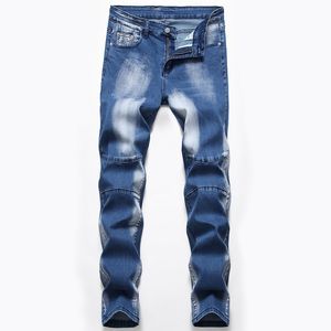 Blue Stretch Washed White Jeans Casual Slim Men's Biker Pants Tie Dye Denim Cotton Trousers Spring Autumn Vaqueros de hombre