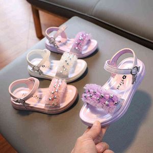 Flickor Sandaler Summer 2022 Little Princess Fashion Beading Non-Slip Breattable Soft Children's Casual Beach Sandals barnskor G220523