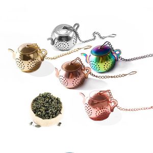 Metal Tea strainer Teapot Shape Loose Infuser Stainless Steel Leaf Teas Maker Strainer Chain Drip Tray Herbal Spice Filter