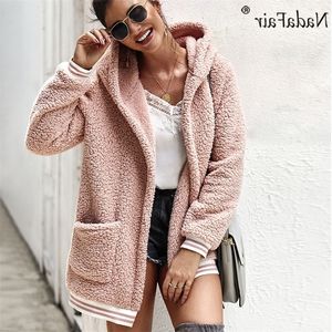 Nadafair faux kvinnor huva vinter casual neddy kappa höstfickor plus storlek pälsjacka fleece fluffig överrock outwear t200506