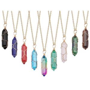 Naturstein-Halsketten, sechseckige Wire-Wrap-Tigerauge-Opal-Amethyste, Rosenquarz-Kristall, Chakra-Reiki-Heilhalsketten für Frauen