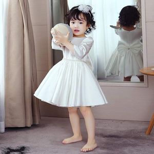 Girl's Dresses White Wedding Satin Princess Baby Girls Dress Long Sleeve Birthday Evening Party Infant For Girl Christmas Baptism Clothes