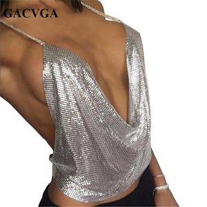 Gacvga сексуальные спинки блестки женские культурные вершины Halter Tank Camis летний обрезанный бюстгальтер Урожай верхний ремешок дамы вечеринки жилет Blusa 220407