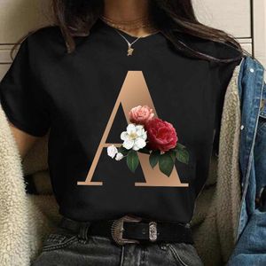 Camiseta feminina Fashion Flower Letter Print Black feminino LOPA LOW MANAGEM HARAJUKU MULHERM WHILL DOME