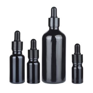 Bottiglia vuota in vetro nero lucido, spalla rotonda, colletto nero, pipetta in gomma, contenitore per imballaggio cosmetico ricaricabile portatile, 5 ml 10 ml 15 ml 20 ml 30 ml 50 ml 100 ml