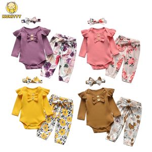 born Baby Girl Clothes Sets Spring Autumn Floral Ruffles Romper Top and Pants Headband Infant Clothing Outfits 220509