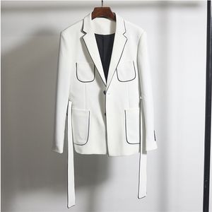 Black White Contrast Piping Blazer With Belt Slim Fit Blazer Hombre Business Casual Dress Wedding Groom Korean Blazer Homme 201104