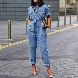 African Fashion Casual Plus Size 3XL denim Jumpsuit Kvinnor i full längd Vanlig laceup Rak hög midja Jumpsuit -knappficka T200509