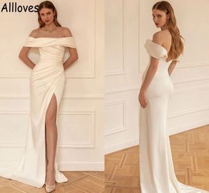 Off Shoulder Mermaid Wedding Dresses Arabic Aso Ebi Ruched Elegant Satin Formal Boho Bridal Clowns Sweep Train With Split Sexy Modern Bride Dress Garden Beach CL0845