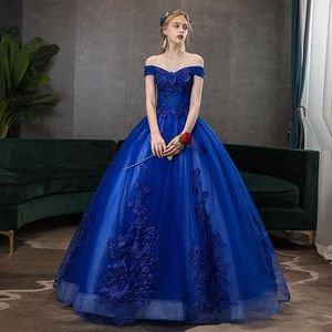 Zarif kraliyet mavi kabarık gece elbise ile aplikeler 2022 kapalı omuzlar 15 yaşında tatlı 16 kadın balo elbiseleri korse resmi parti önlükleri vestidos de gala