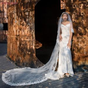 Véias de noiva v105 véu de casamento de borda de renda com blusher de dois níveis de capa longa acessória face womabridal