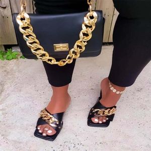 Slippers Women 2022 Metal Chain Square Toe Summer Summer Ladies Slies Slies Cays Outder Ender Beach Shoes Fashion Sandals
