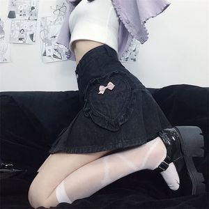 Houzhou Pastel Goth Black Denim Skirt Women Harajuku Gothic High Waist Bow Pocket Kawaii Pleated Mini Skirts e Girl Streetwear 220317