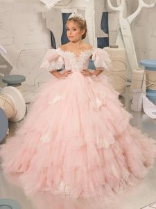 Cute Princess Flower Girls Dresses Off Shoulder Tulle Pink Lace Appliques Beads Ruffles Tiered Flowers Floor Length Birthday Girl Pageant Gowns 403