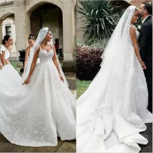 Underbara D Floral Applique Wedding Dresses Straps Bridal Gown Sweep Train A Line Organza Satin Ruched veck Garden Vestidos de Novia
