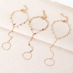 Anelli a forma di braccialetto a catena minuscola creativa per le donne Catene a maglie color oro che collegano bracciali per imbracatura a mano Regalo di gioielli estivi