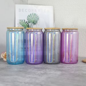 16oz sublimering glitteröl kan 4 färgklart glas med träslockplastiska sugrör 500 ml vita tomma vattenflaskor diy värmeöverföring vin tumlar med luft a12