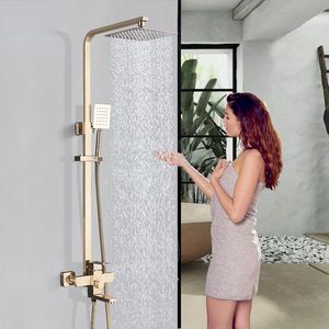 Luksusowe szczotkowane złotą łazienkę prysznic prysznic montowany na ścianę 8 -calowy termostatyczny zestaw prysznicowy kwadratowy deszcz w kąpieli wodnej wylewka