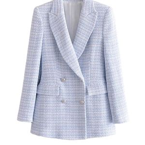 Traf Women Fashion Double Breasted Tweed Check Blazer Coat Vintage Long Sleeve Pockets Female Outerwear Chic Veste 220812